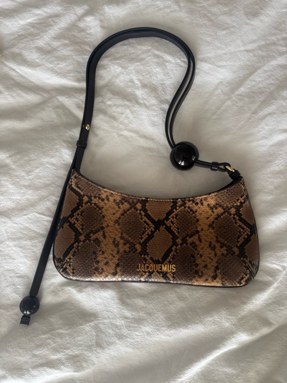 Jacquemus Le Bisou Perle Snake-Print Shoulder Bag in Brown and Black